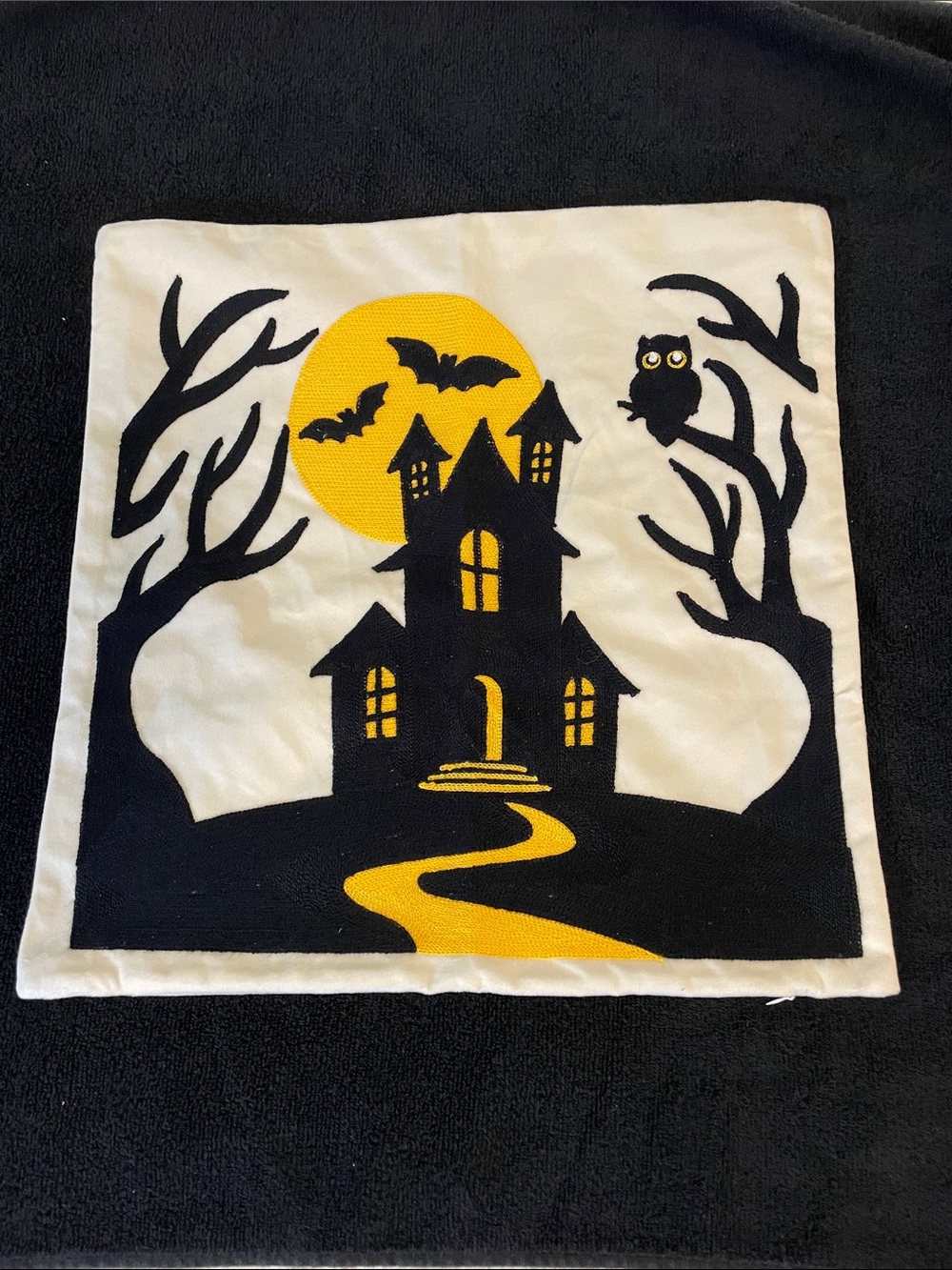 Halloween Haunted House Decorative Pillow Cover - Black, White & Yellow